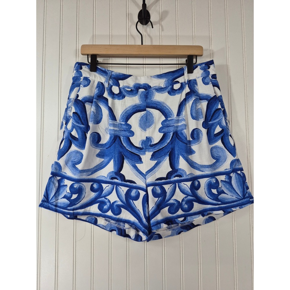 Farmers Market Womens Blue White Majolica Tile Print Linen Blend Shorts XL W35
